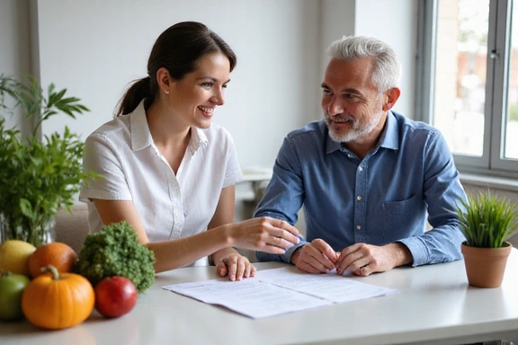 Nutritional consultant explaining a healthy diet plan to a client in a bright, modern office setting.