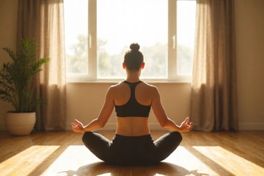 A person performing light exercise, such as stretching or yoga, in a bright, serene environment.