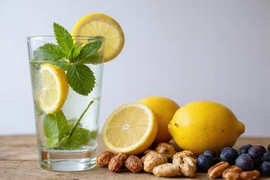 A glass of water with lemon slices and fresh mint, next to a variety of healthy snacks.