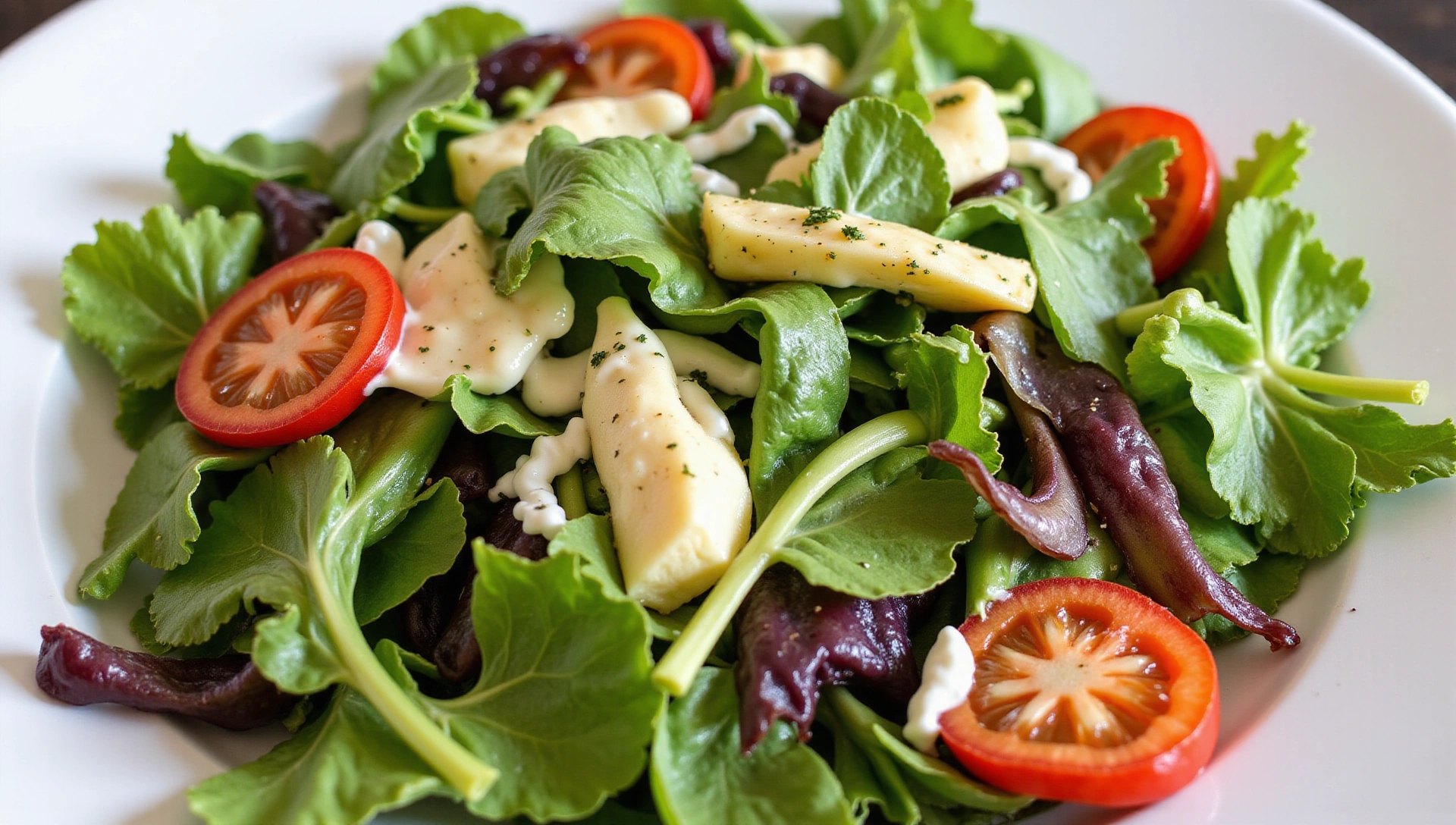 A vibrant, fresh salad with various greens, colorful vegetables, and a light dressing, symbolizing healthy eating and well-being.
