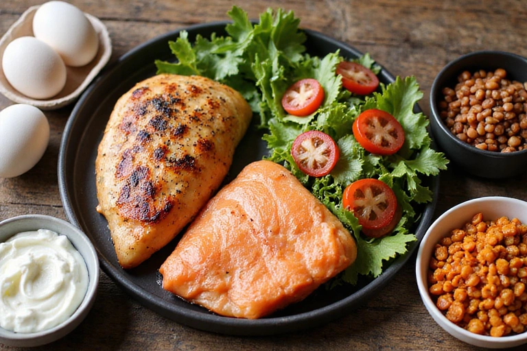 Various sources of protein including chicken, fish, eggs, and legumes